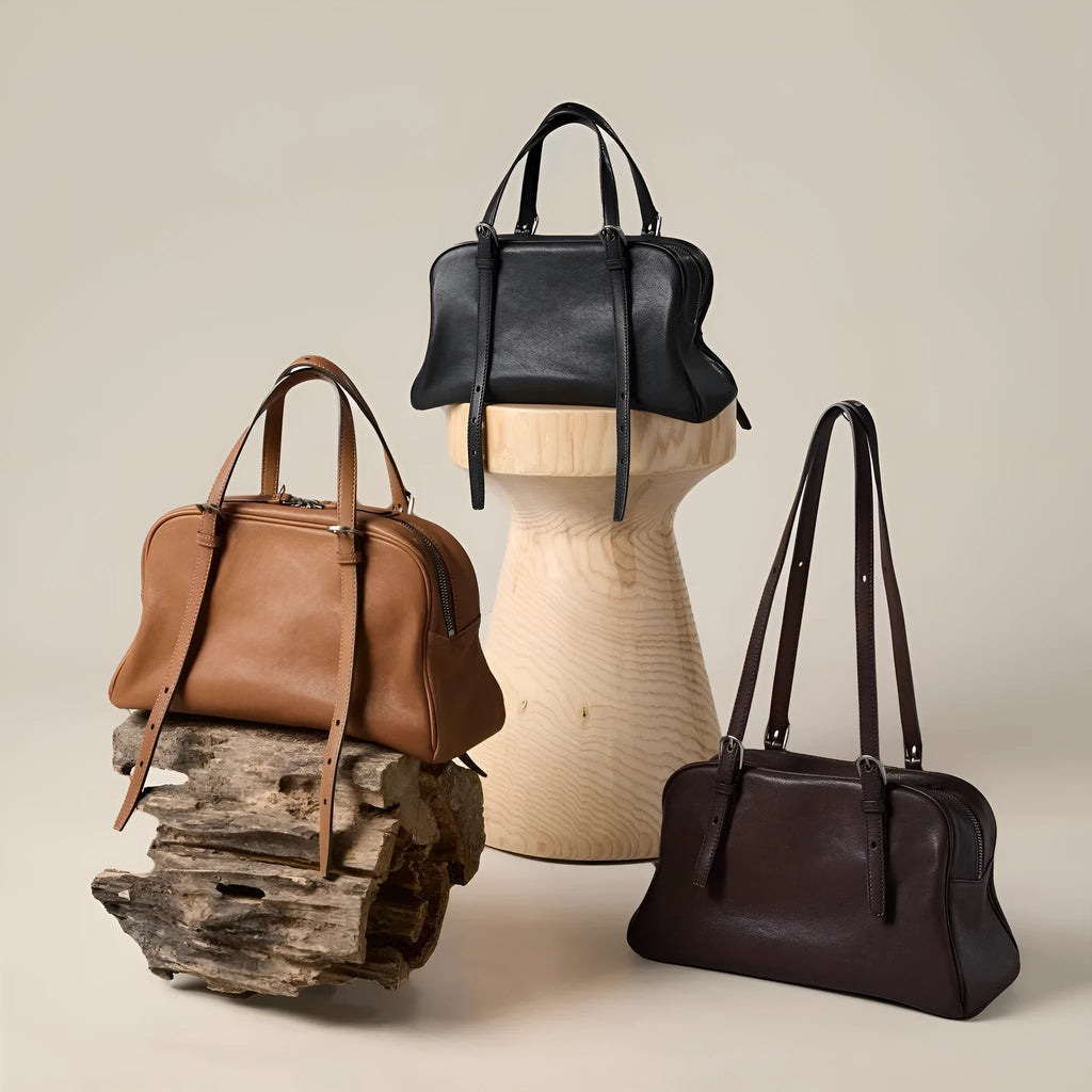Women's genuine leather retro shoulder bag in horizontal square shape with double straps