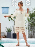 Apricot coloured women's long hand-crocheted beach dress with lining for swimming.
