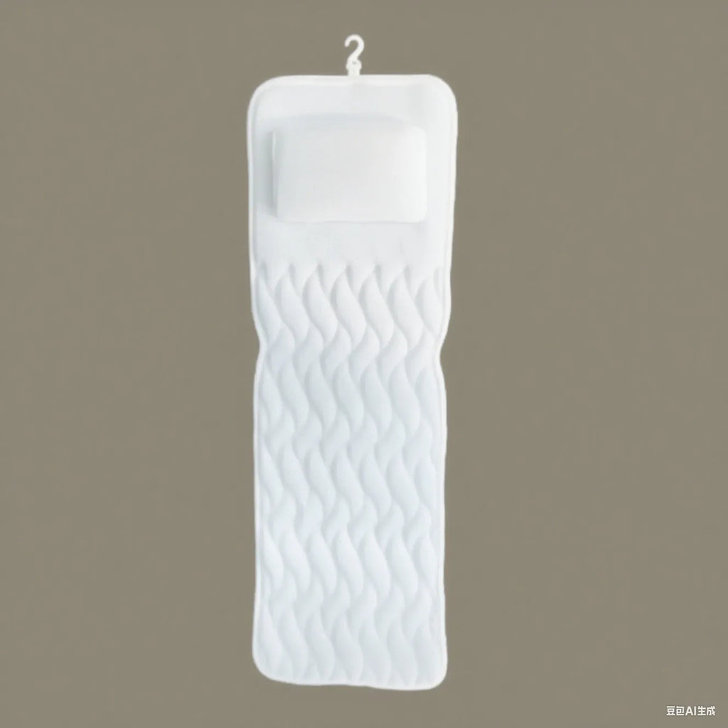 White breathable 3D bathtub pillow with seven suction cups on a bathtub edge.