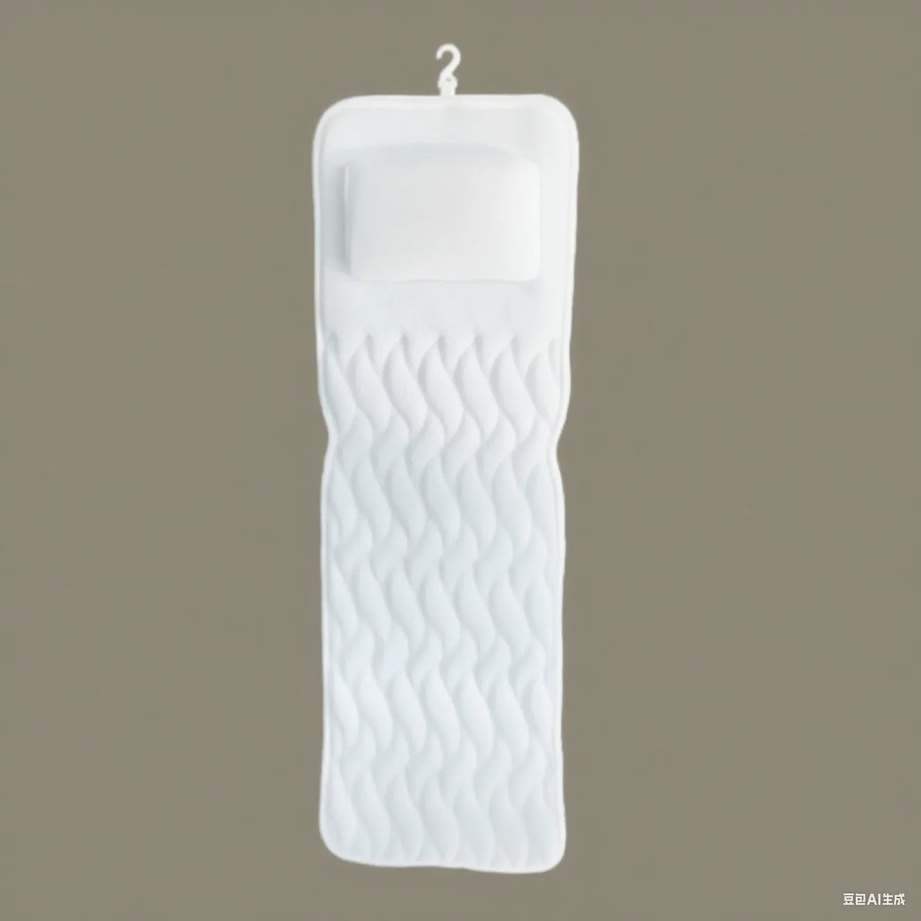 White breathable 3D bathtub pillow with seven suction cups on a bathtub edge.