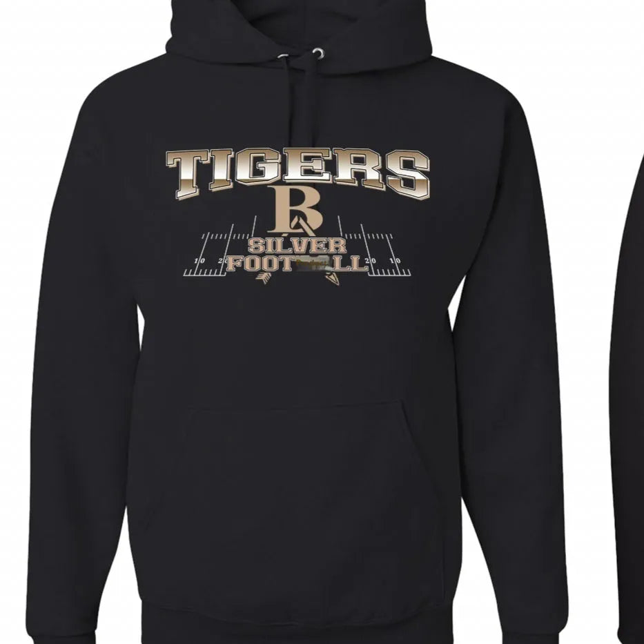Black drop-shoulder hoodie with long sleeves and collarless design on a manikin