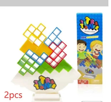 Plastic balance stacking game with 16 coloured building blocks on chassis