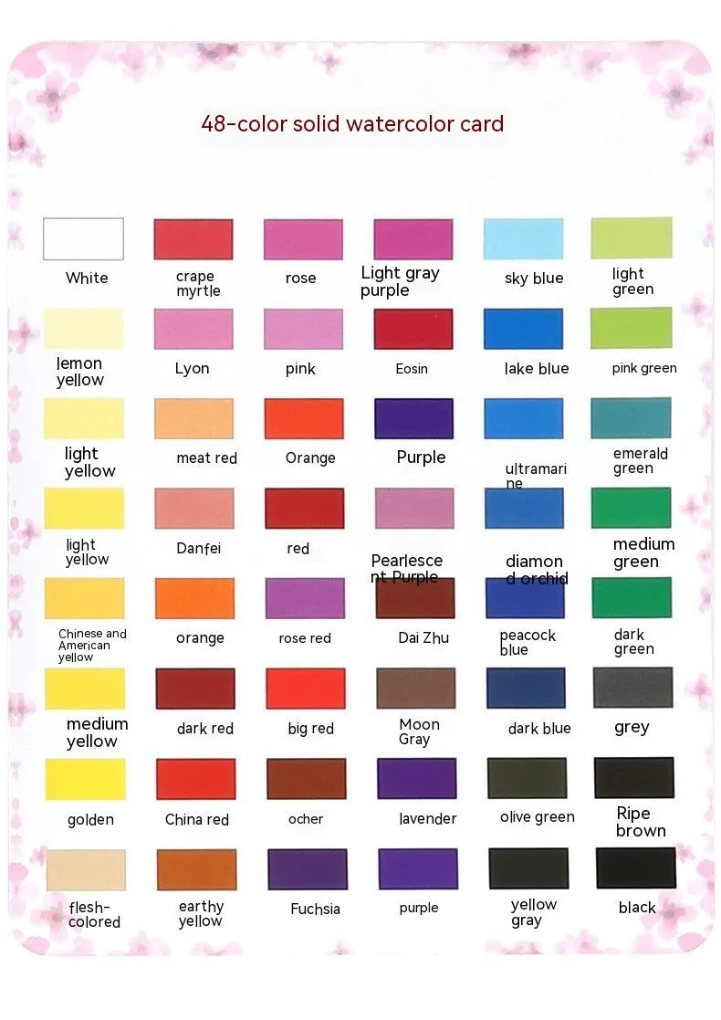 48 colour solid watercolour paint set showing compartmentalised layout with Black Knight, Girl Pink and Sunshine Blue shades
