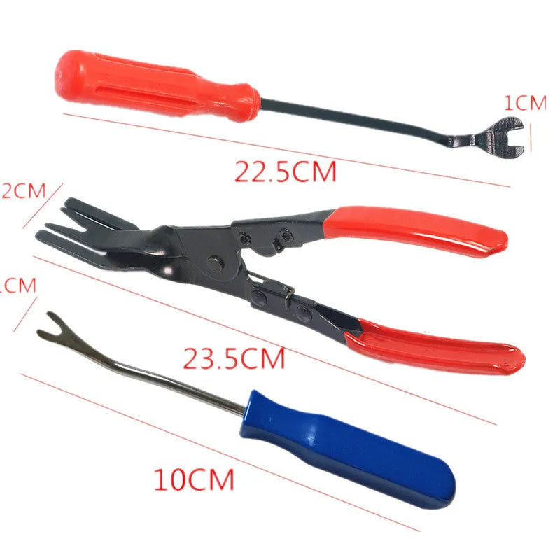Red-handled automotive clip driver tool for GM door panel repairs with light switch pliers