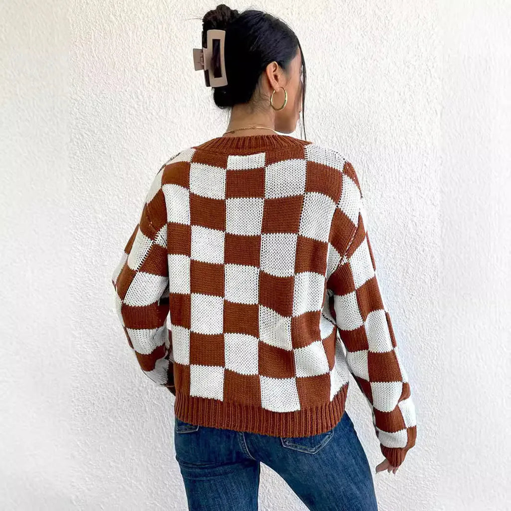 Dark brown acrylic pullover sweater with chessboard plaid pattern, round neck and long sleeves