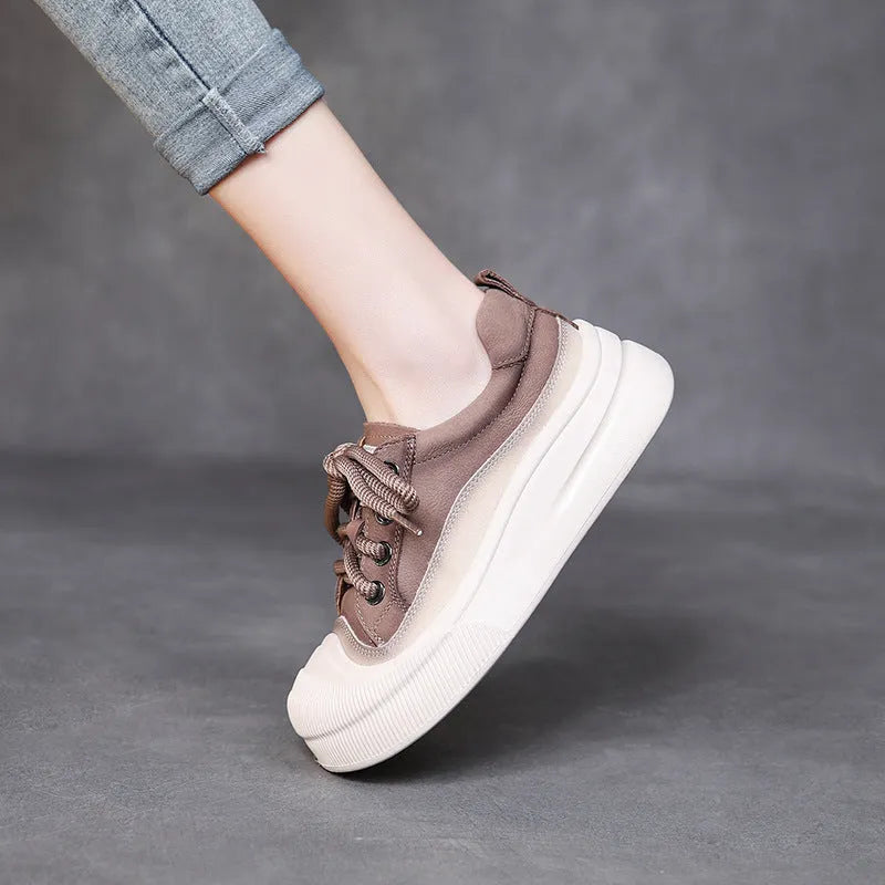 Women's yellow full grain cow leather lace-up casual shoes with round toe and rubber sole