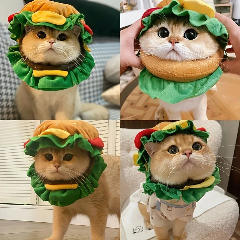 Burger-themed cartoon cat headdress collar with adjustable neck strap in three sizes