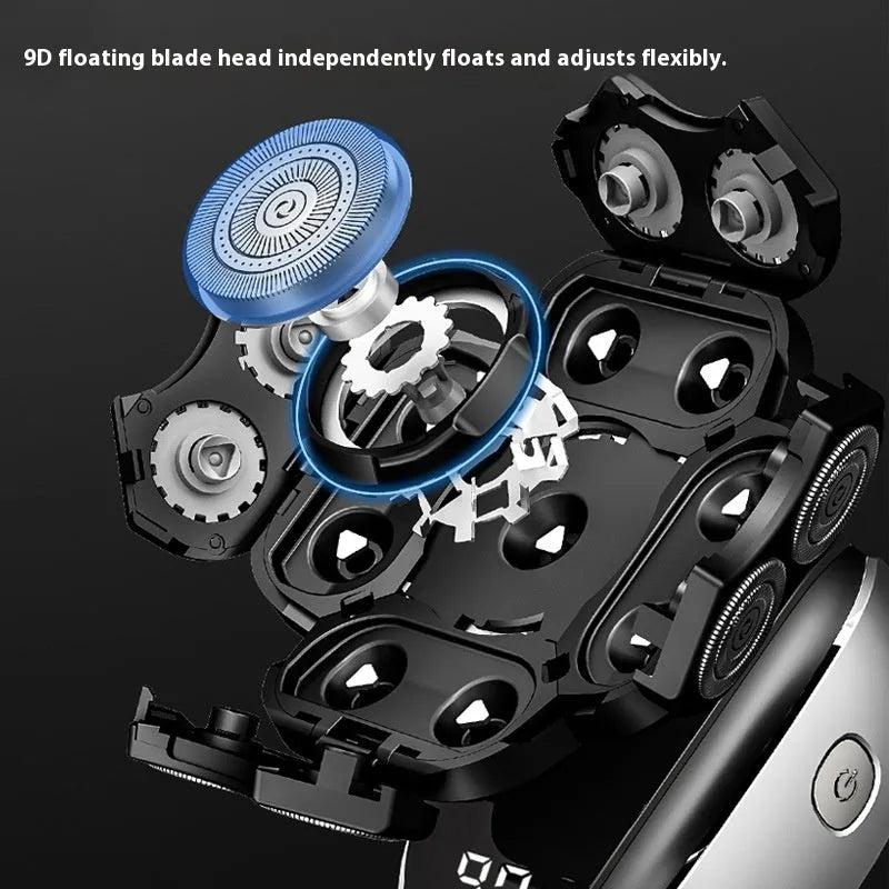 Black 6-in-1 rechargeable hair clipper and shaver set with multiple attachments on display