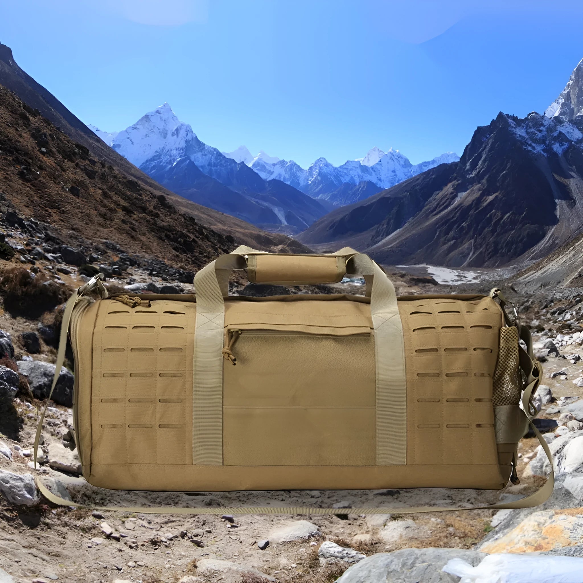 Men's khaki waterproof Oxford cloth sports handbag with air pillow strap, showing large main compartment.