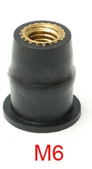 Black motorcycle well nut fasteners with brass inserts in M4, M5, and M6 sizes
