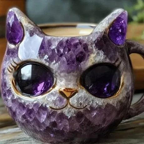 Synthetic resin geode mug with crystal pattern inside and cat design outside, shown in purple colour.