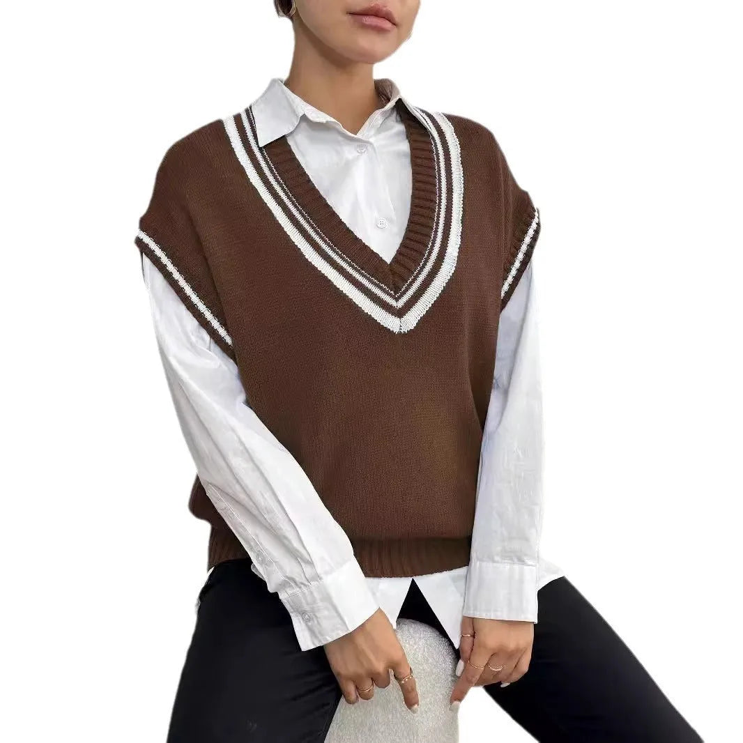 Women's college style wool vest sweater in acrylic-polyester blend available in black, blue, coffee colours