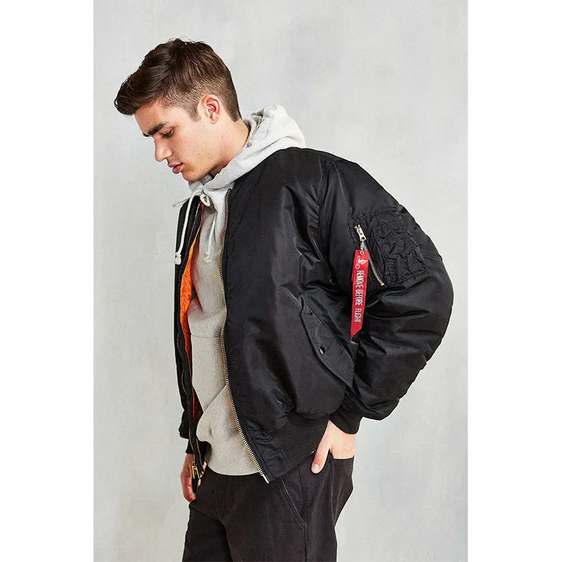 Men's loose-fit army green cotton-padded pilot jacket with double-sided nylon construction