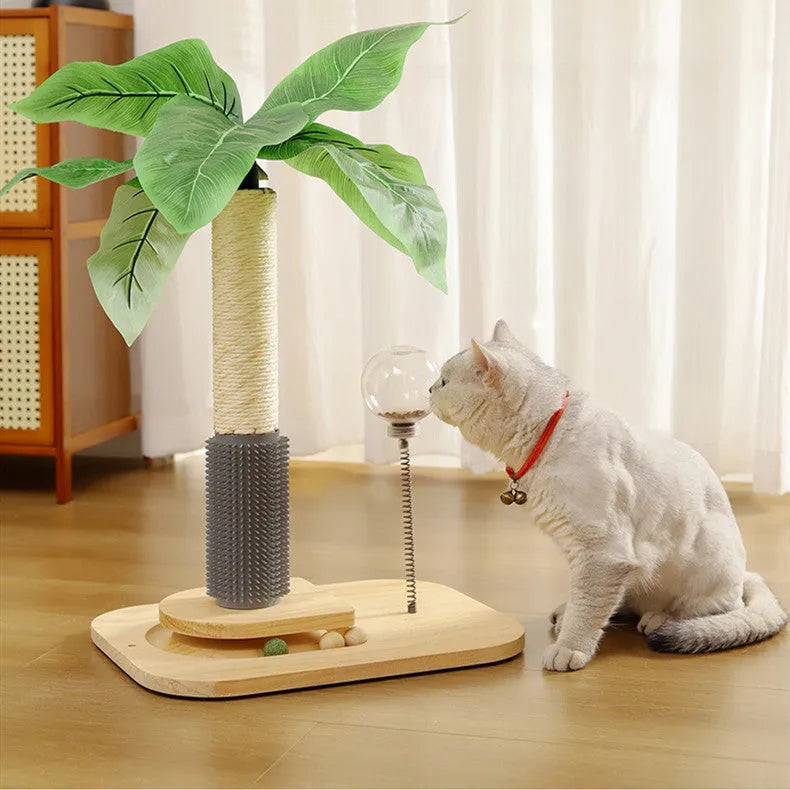 Wooden vertical cat scratching post in Canna colour on a plain background