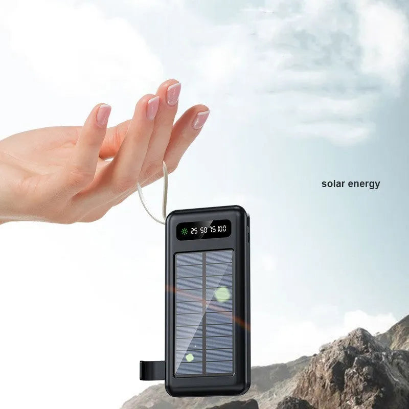 Solar power bank in black or white with solar panel, showing 20000mA or 30000mA capacity.