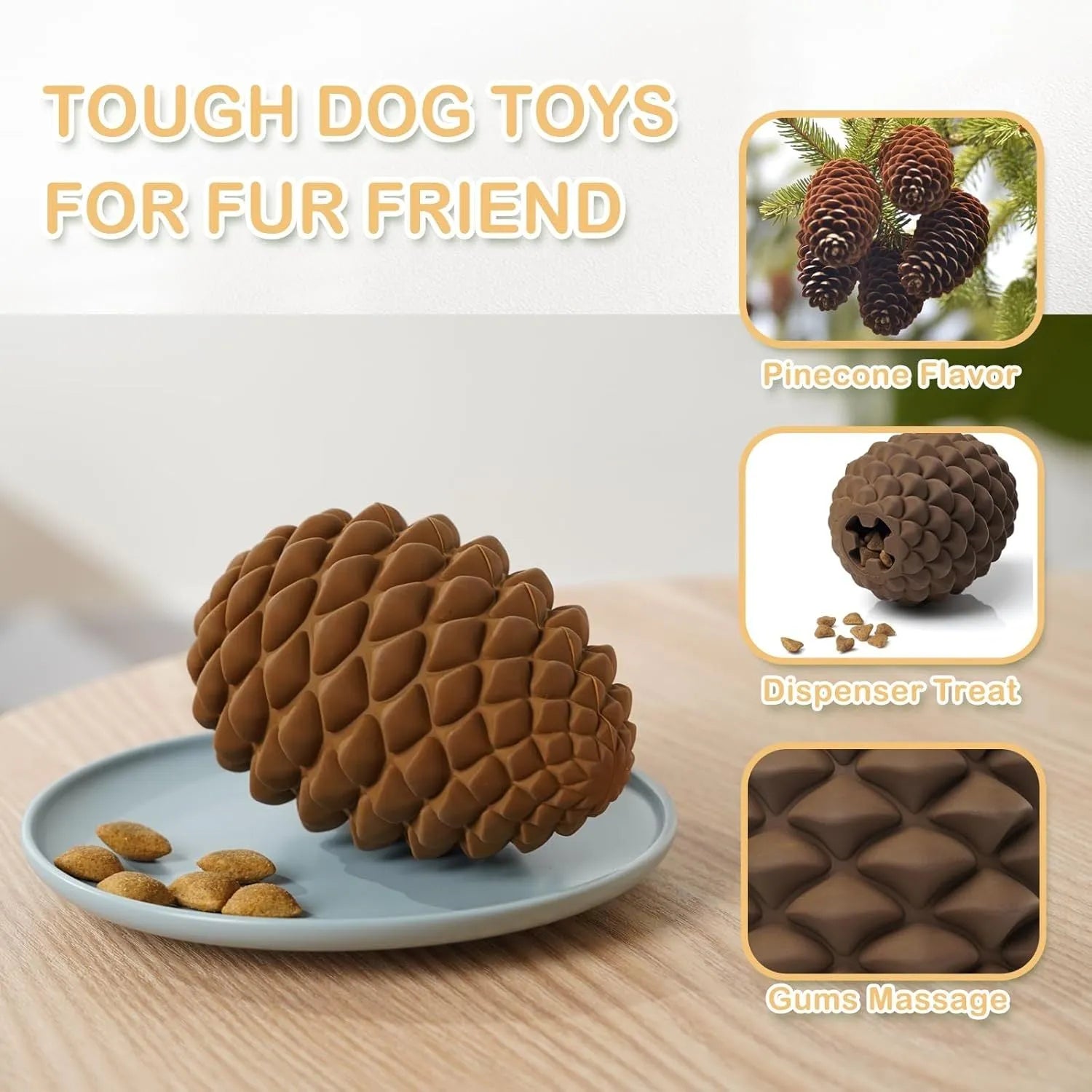 Yellow pine cone-shaped natural rubber dog chew toy with textured surface and treat dispenser hole.