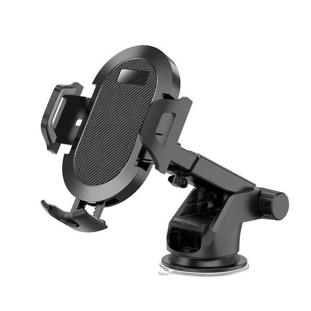 Black and grey auto lock car phone holder mounted on a car air vent, holding a mobile phone.