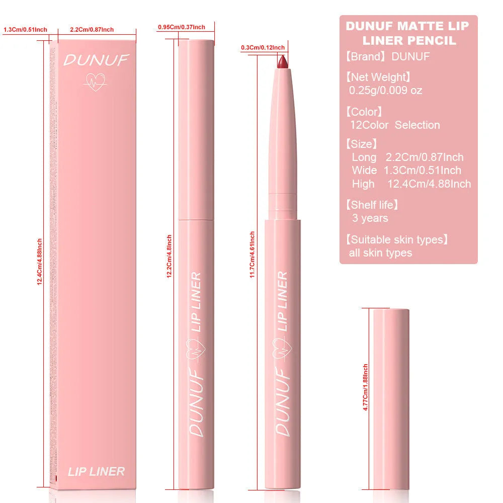 A Velvet Matte Lip Liner pencil shown alongside swatches of its twelve available colour shades.