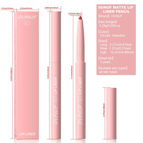 A Velvet Matte Lip Liner pencil shown alongside swatches of its twelve available colour shades.