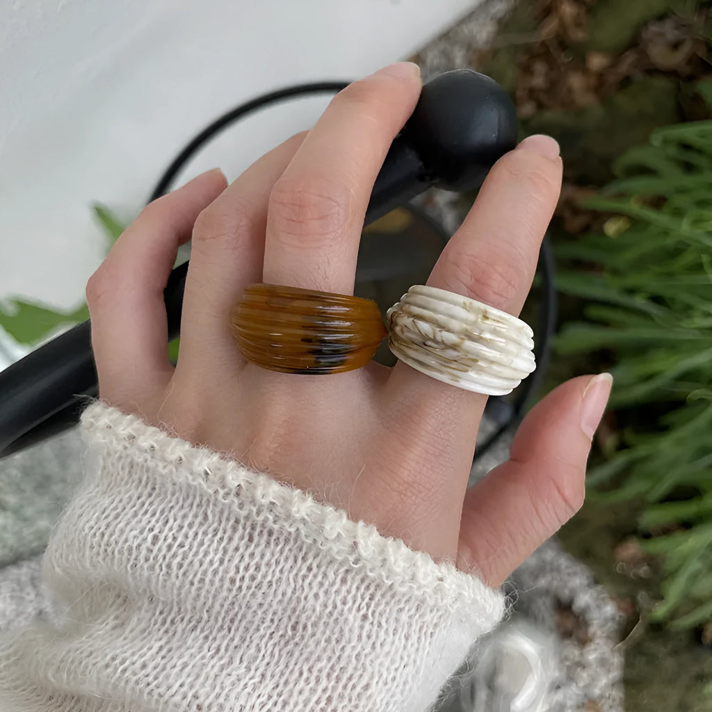 Chinese style irregular geometric resin wide ring in earthy brown and white colour variations