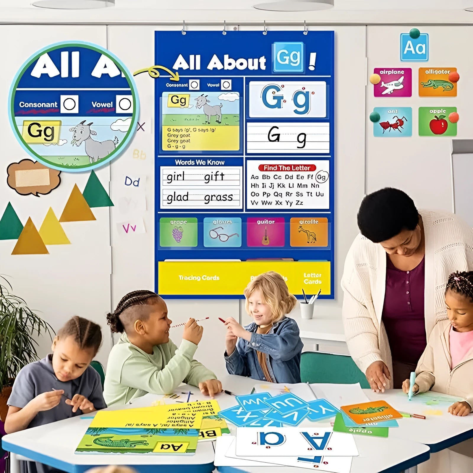 Large blue alphabet learning chart mat with word cards, letter cards, and picture cards for children's education