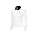 Women's long sleeve white golf top made from breathable polyester fabric for sun protection