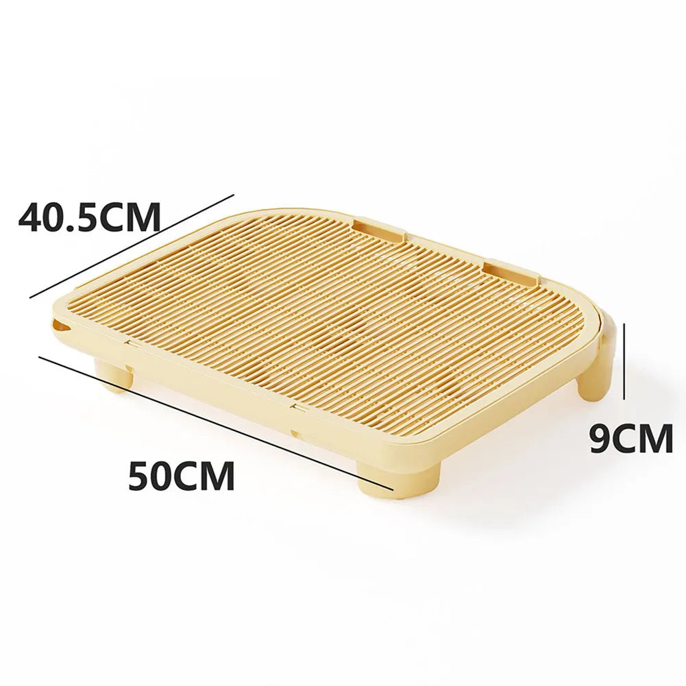 Milk yellow plastic cat litter mat with anti-slip silicone feet measuring 40 x 40.5 cm