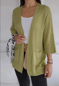 Women's waffle knit cardigan coat in army green with nine-quarter sleeves and pockets