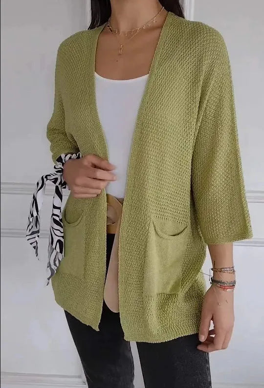 Women's waffle knit cardigan coat in army green with nine-quarter sleeves and pockets