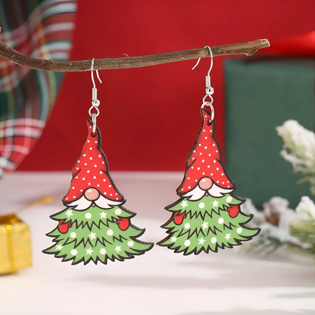 Wooden Christmas earrings with geometric shapes and printed Santa Claus holiday designs