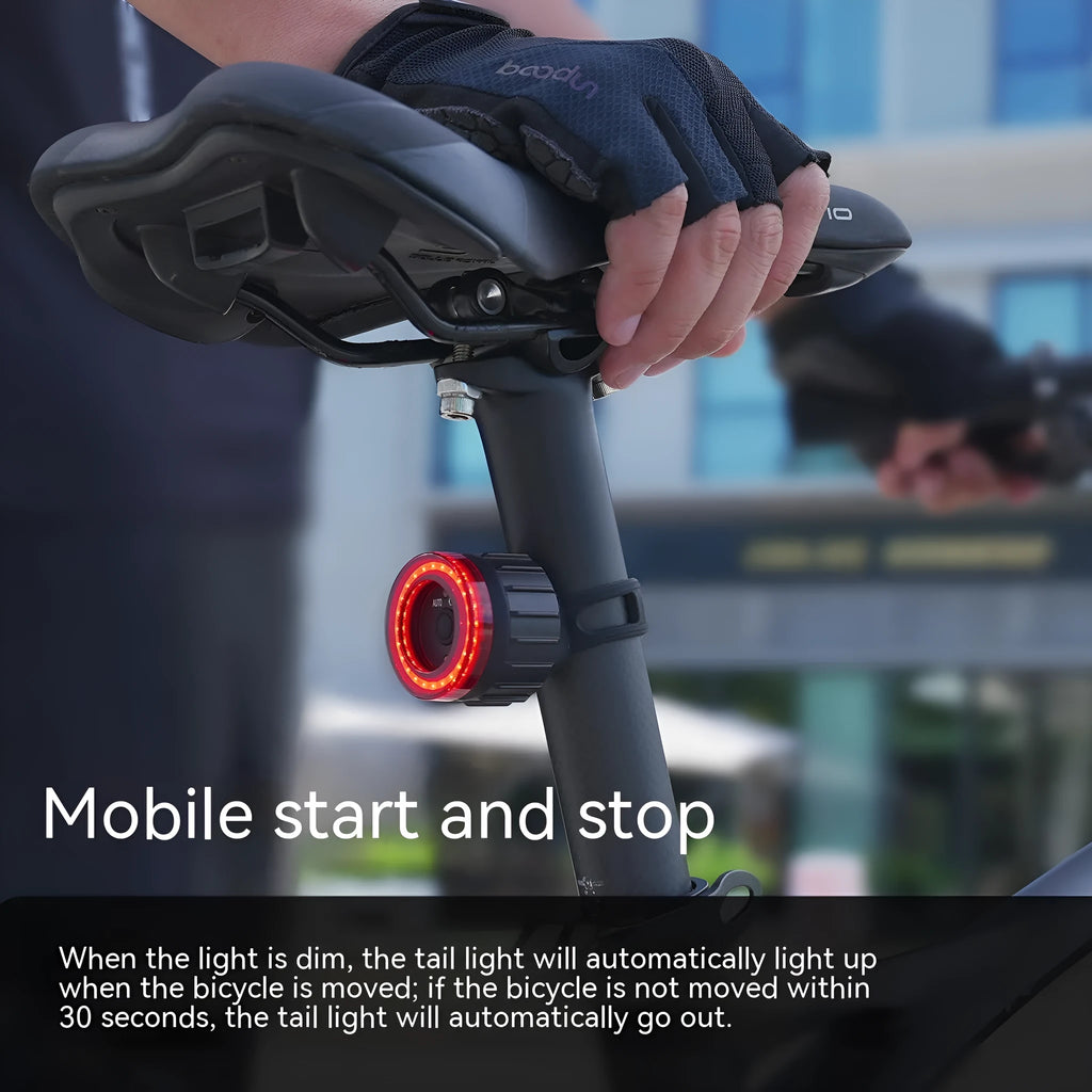 Black intelligent induction brake taillight for bicycles with aluminium alloy housing and dual mounting brackets