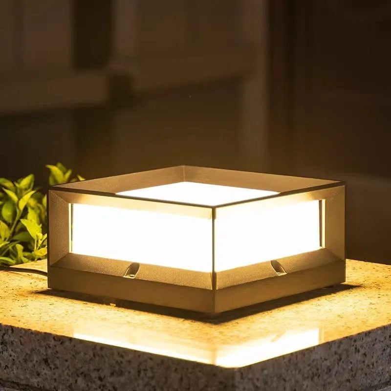 Aluminium outdoor solar LED column light showing two size options for wall or door mounting.