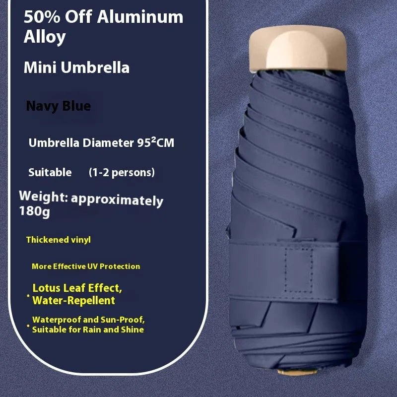 Closed five-fold manual umbrella showing one of eight colour options: beige, black, blue, dark green, navy blue, pink, yellow, or purple.