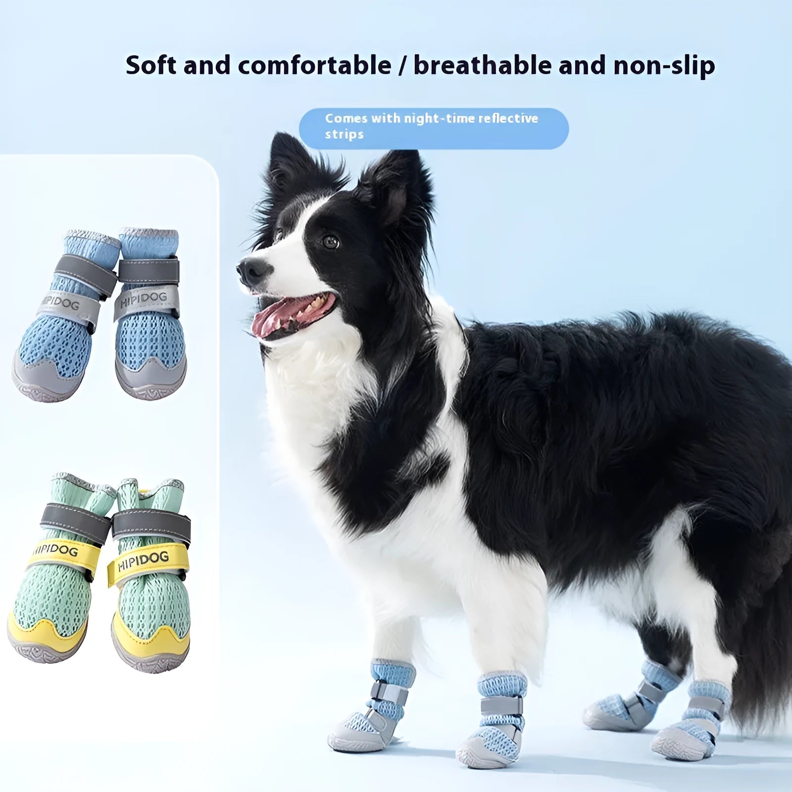 Cartoon style summer dog shoes in Bondi Blue and Dean Green colours with PU soles for anti-scald protection.