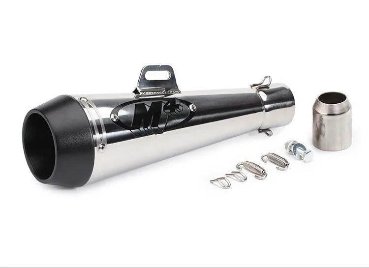 Universal M4 motorcycle exhaust pipe in black, titanium, and half blue finish variants