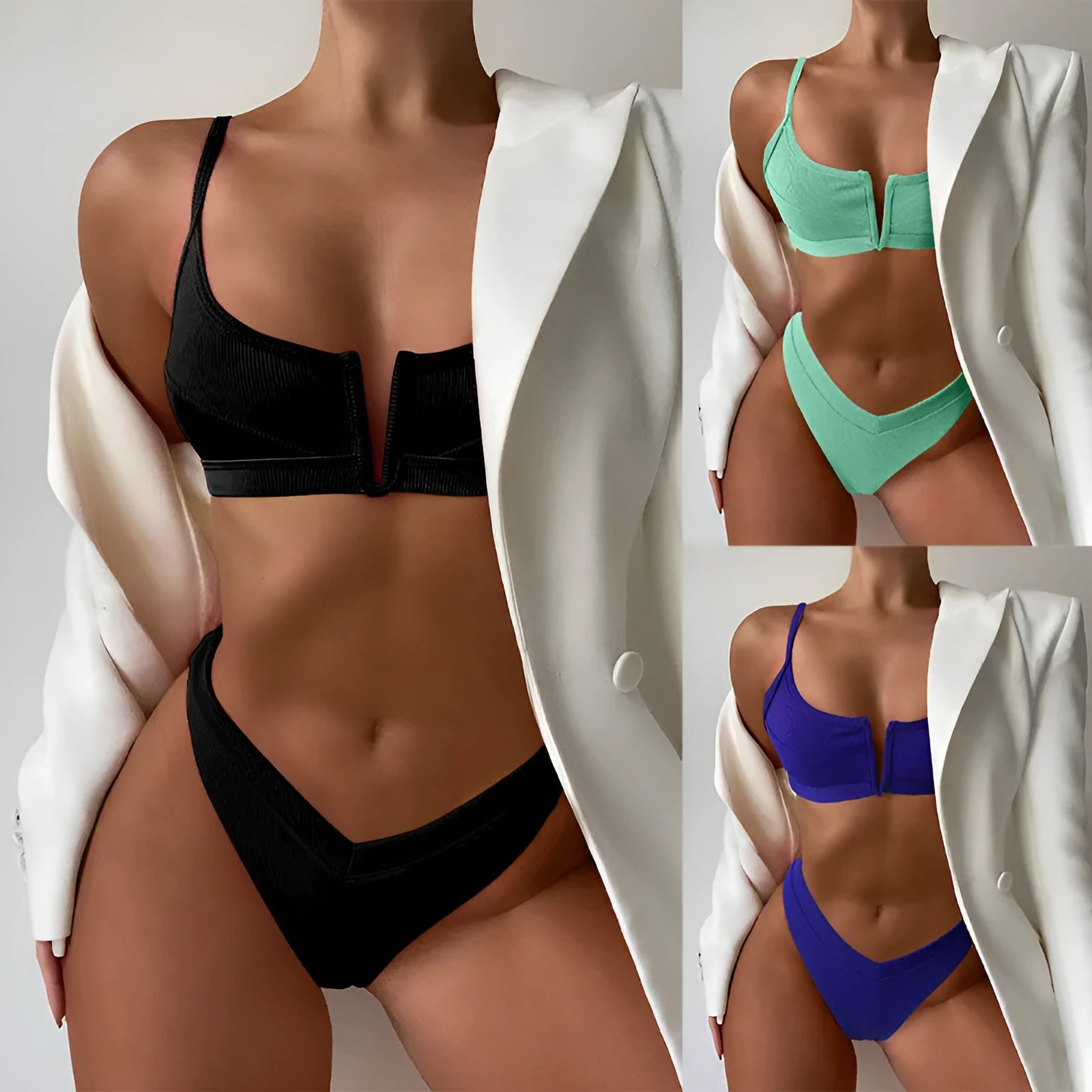 Women's high-waist triangle split swimsuit in polyester fabric with multiple colour options