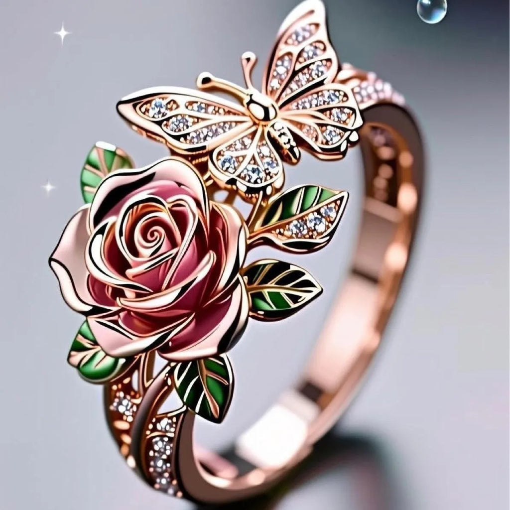 Adjustable oil drop butterfly ring with rose and floral design in alloy metal