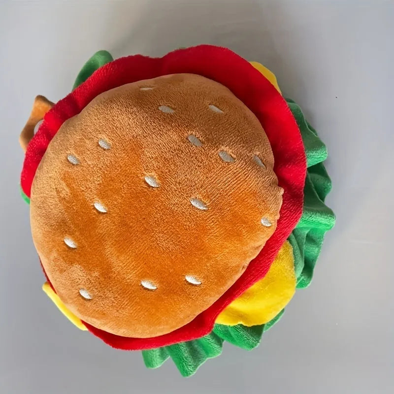 Burger-themed cartoon cat headdress collar with adjustable neck strap in three sizes