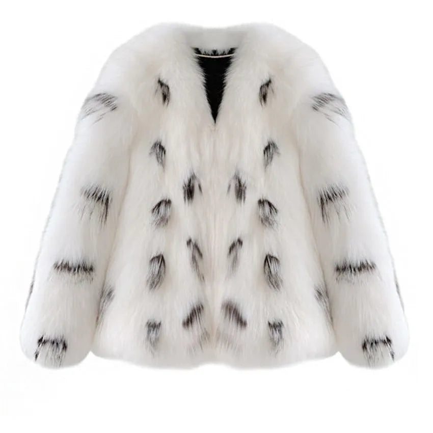 Women's black and white faux fur coat with slim fit and short length in Korean street style