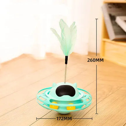 Pink cat tumbler turntable toy with rotating mechanism and cat stick, 17x10 cm dimensions