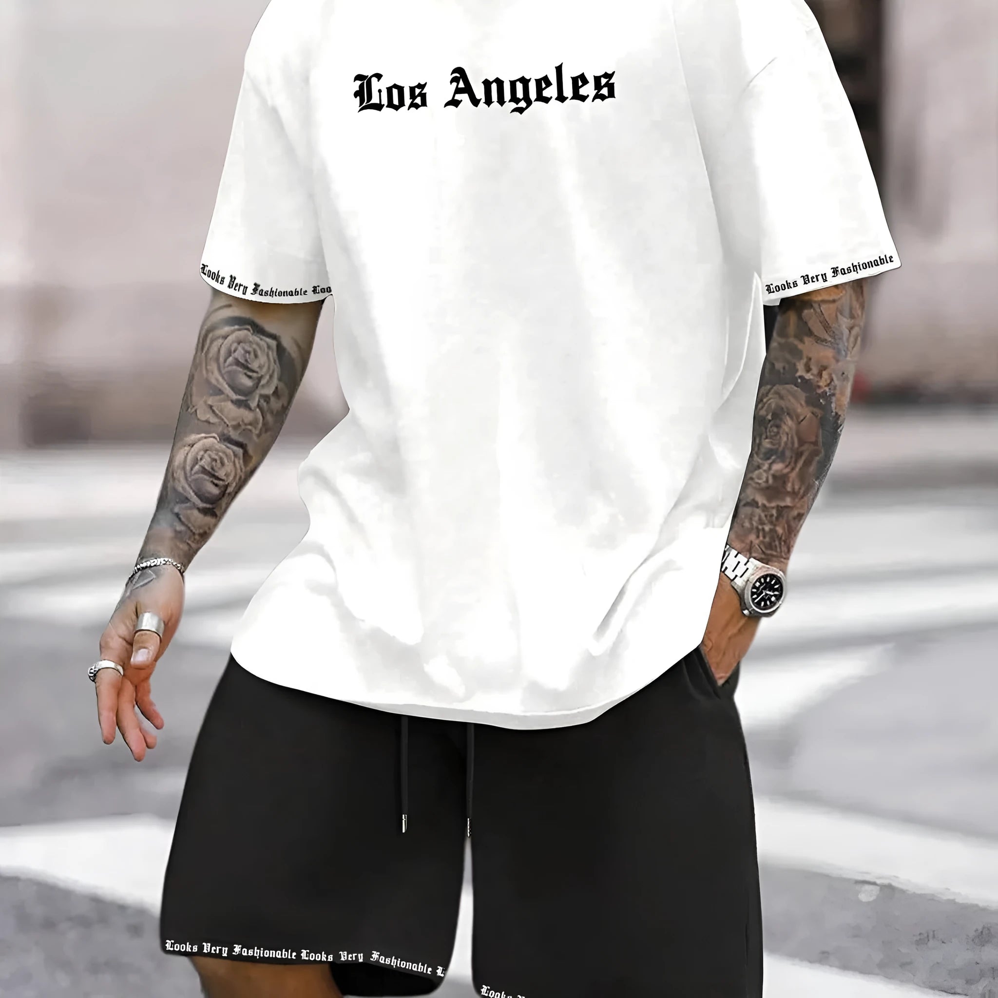 Sports style short sleeve top and shorts set in thin quick-drying fabric, shown in a printed pattern.