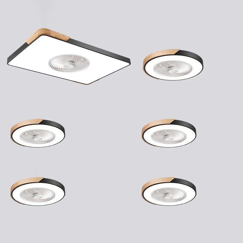 Nordic ceiling fan and light combination fixture with solid wood base in rectangular, round, or square options
