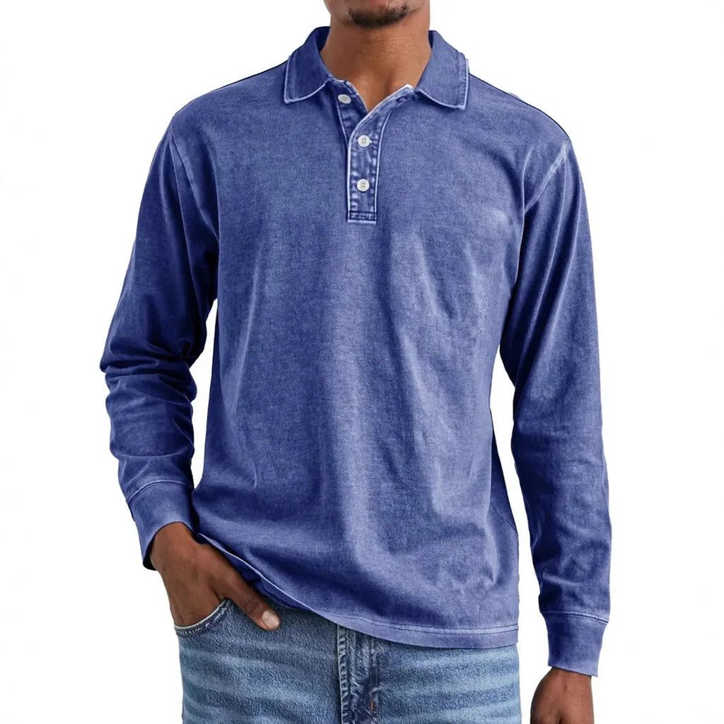 Retro washed distressed pure cotton long sleeve polo shirt with lapel collar in Army Green