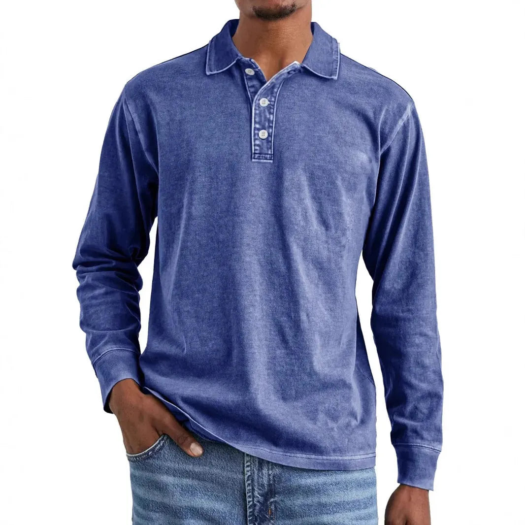 Retro washed distressed pure cotton long sleeve polo shirt with lapel collar in Army Green