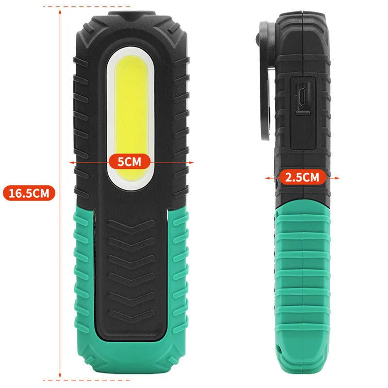 Black and green auto repair work light with USB charging cable and PET-coated ABS construction