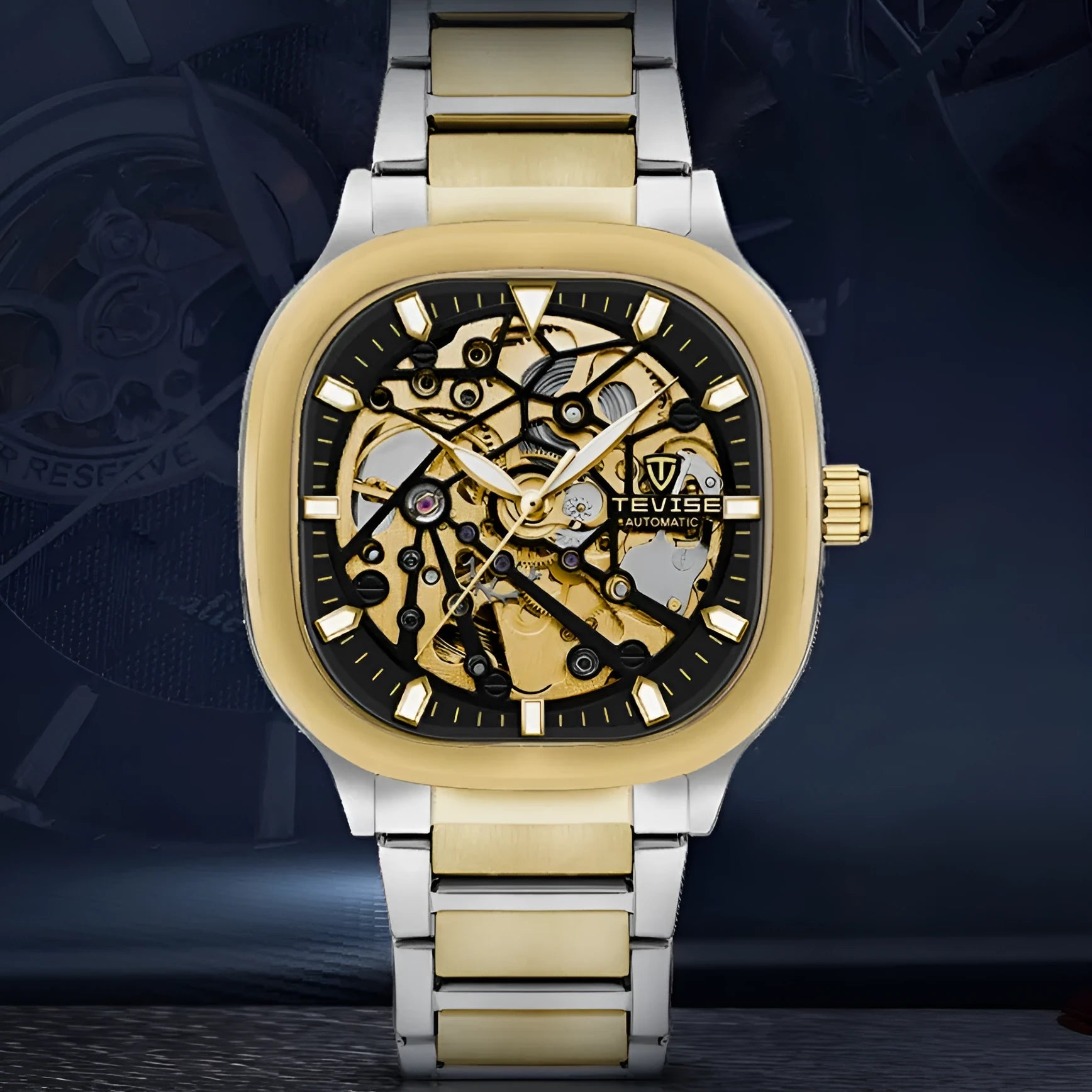 Men's automatic waterproof watch with luminous square hollow dial and stainless steel strap