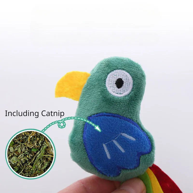 Plush parrot-shaped cat toy with catnip for interactive play next to cow and crocodile options.