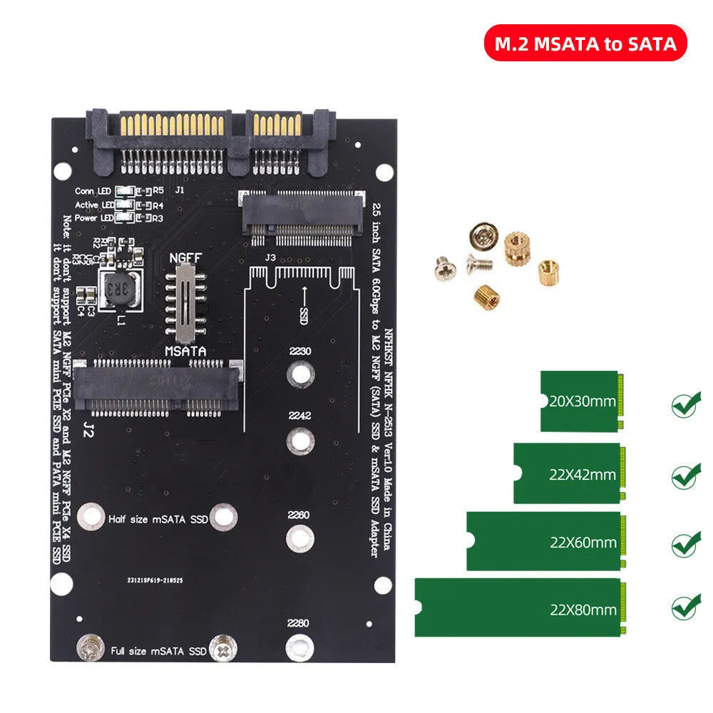 Black SATA 3 to M.2 NGFF MSATA SSD conversion adapter card with gold connectors
