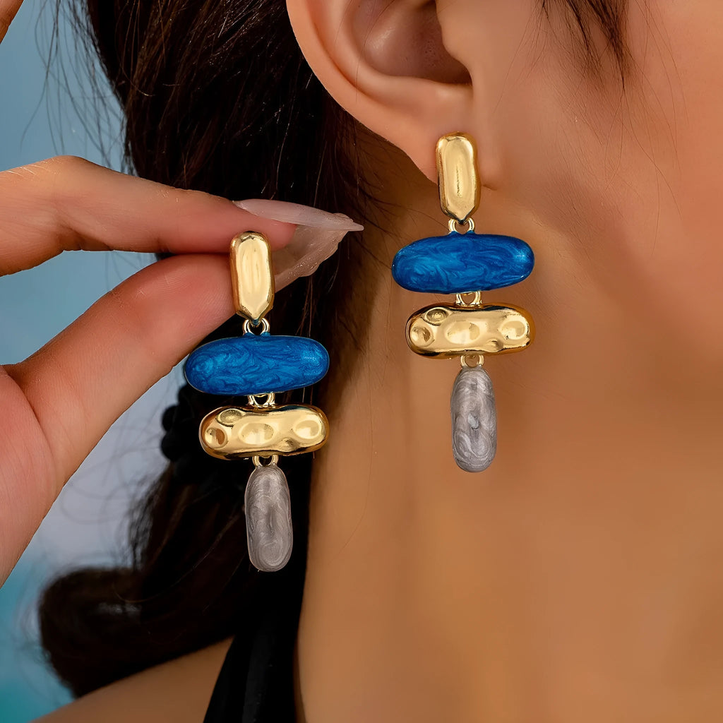 Geometric zinc alloy stud earrings with electroplated multicolour finish