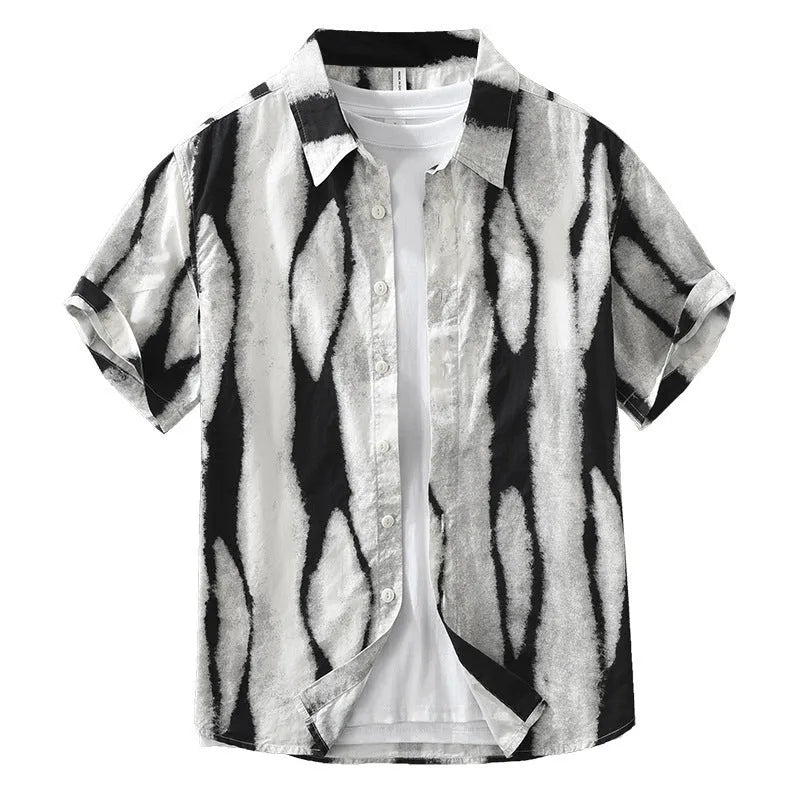 Retro striped pure cotton short sleeve cardigan shirt in black or brown with loose fit